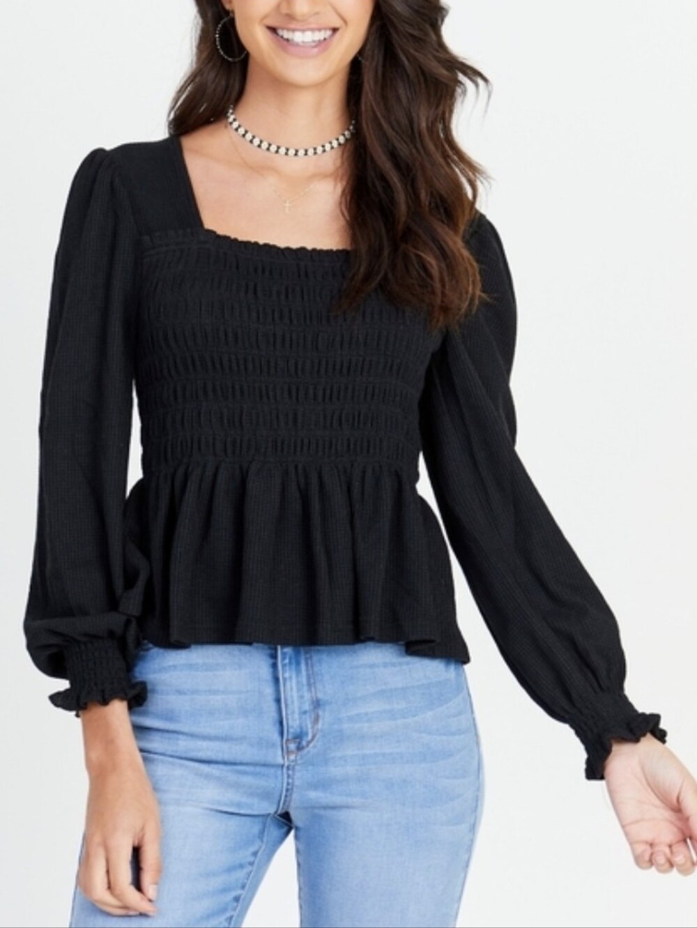 Altar'd State Black Waffle Knit Smocked Peplum Long-Sleeve Top Size XS